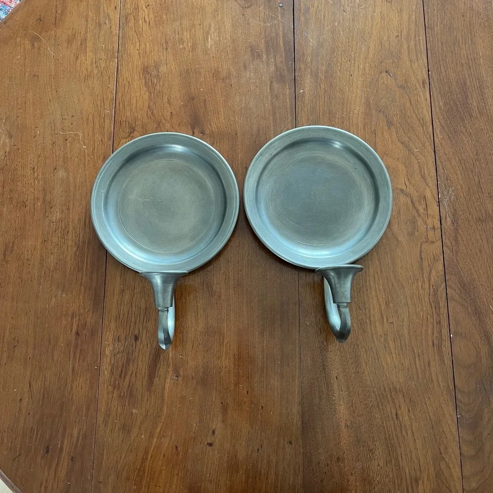 Vintage Pewter Candle Wall Sconce Pair Colonial Metal Reflection Taper Holder